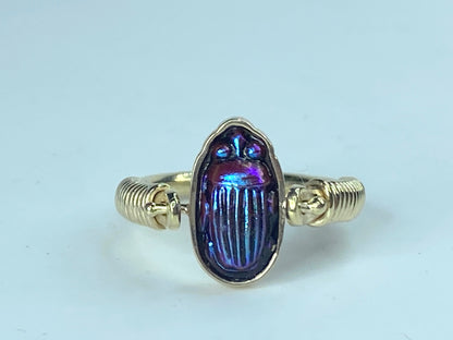 Scarab Beetle Flip Ring 14k Yellow Gold Egyptian Hieroglyphs Jewelry size7 JR868