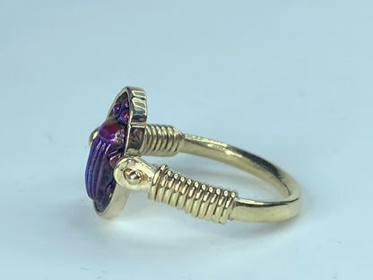 Scarab Beetle Flip Ring 14k Yellow Gold Egyptian Hieroglyphs Jewelry size7 JR868