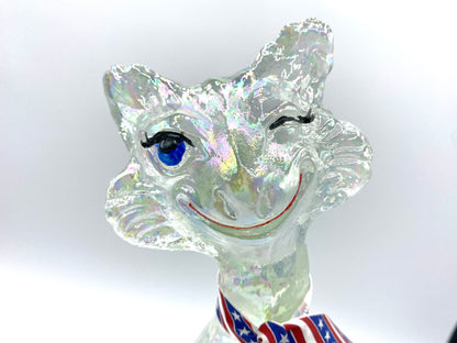 Fenton Iridescent Carnival Winking Alley Cat Blue/Red/White ribbon by Fredrick