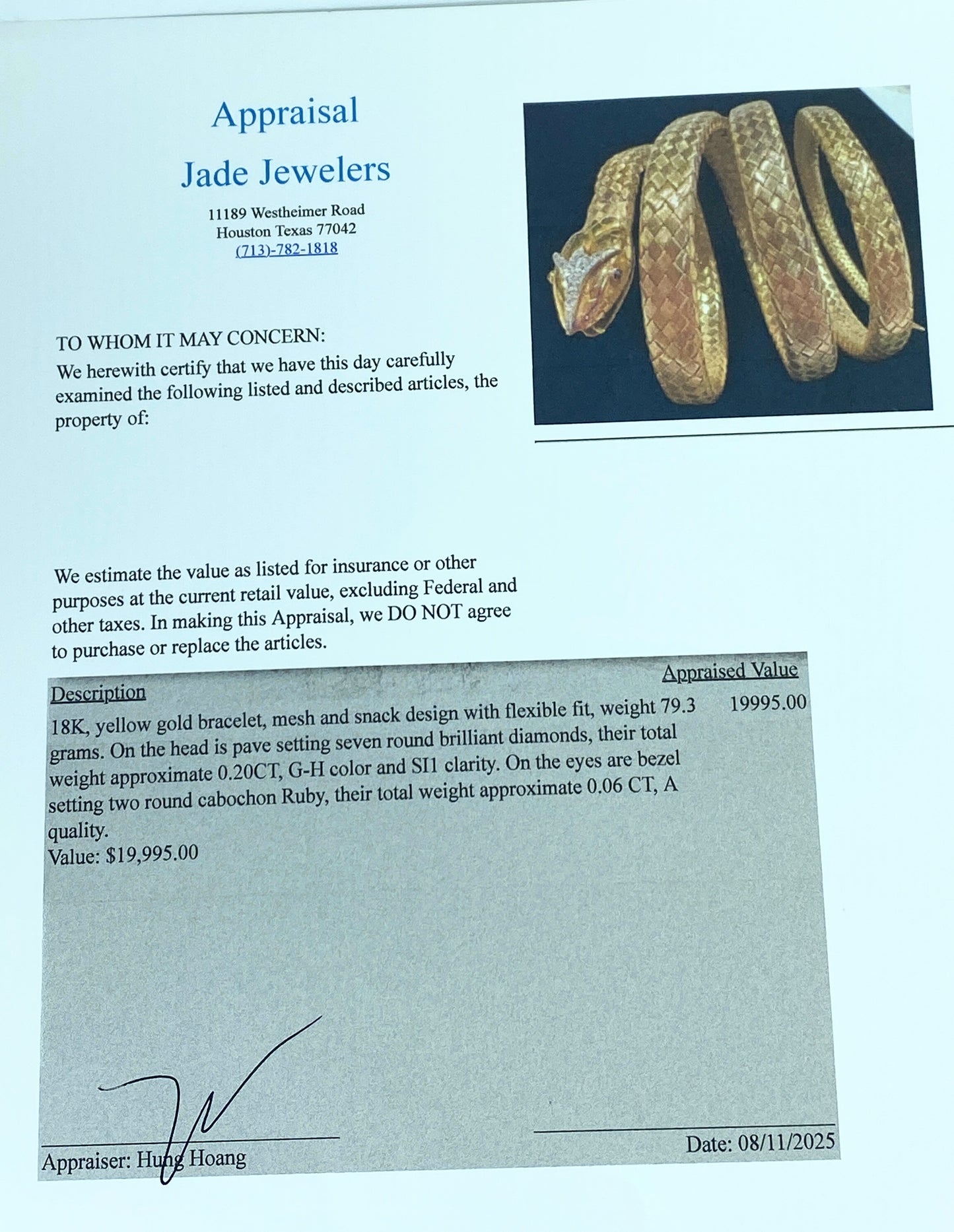 Appraised $19,995 Antique 18K Diamond Woven gold Snake bracelet c1890 JR872
