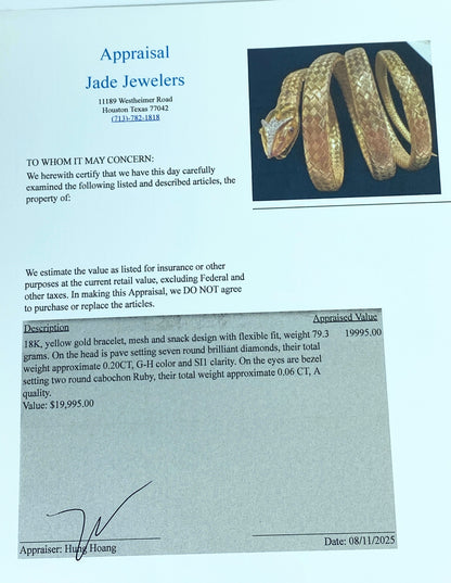 Appraised $19,995 Antique 18K Diamond Woven gold Snake bracelet c1890 JR872