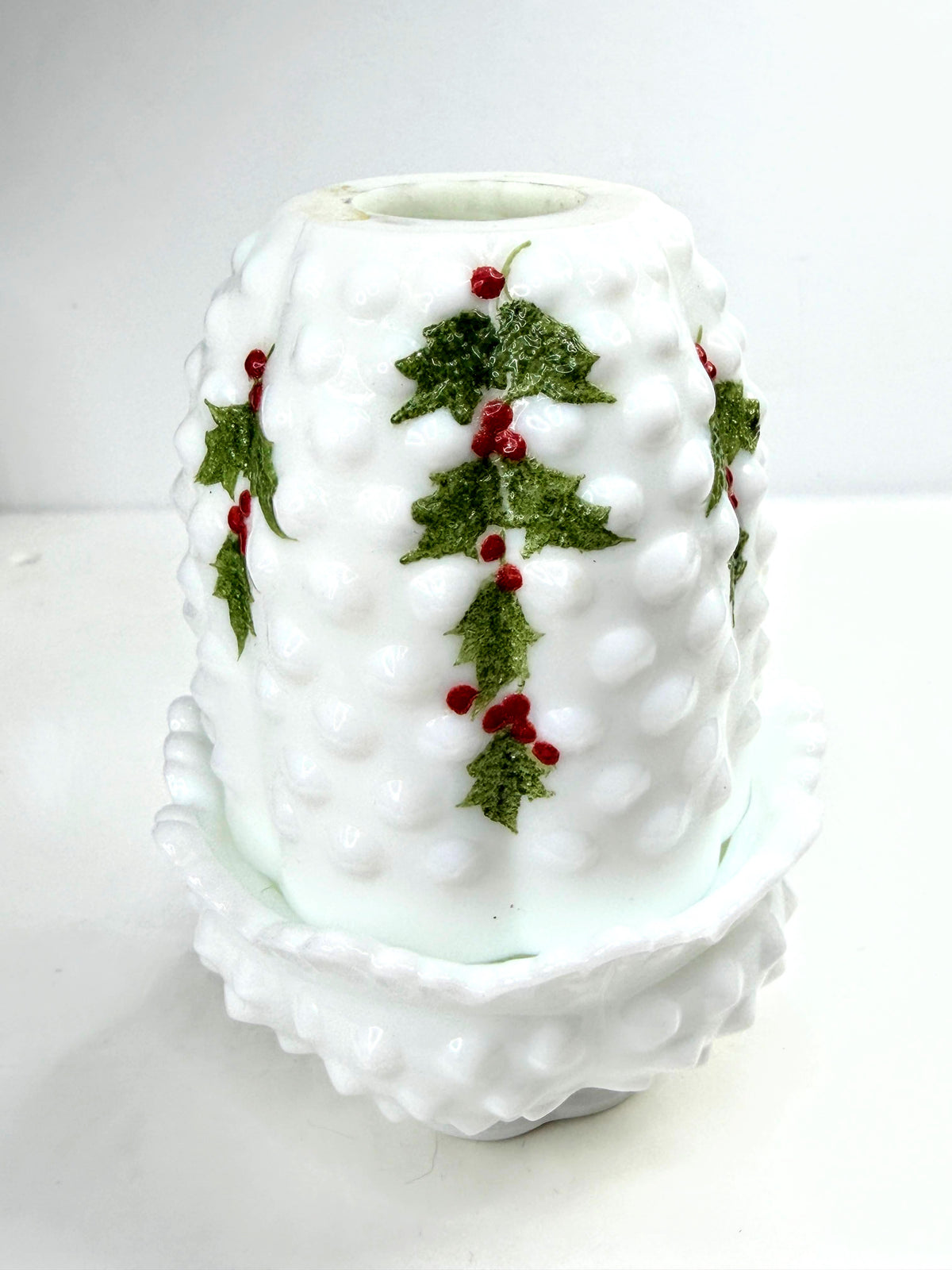 Vintage Fenton Milk Glass Hobnail Holly Berry Fairy Lamp Signed B. Cain A1062