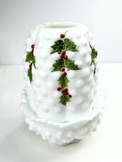 Vintage Fenton Milk Glass Hobnail Holly Berry Fairy Lamp Signed B. Cain A1062