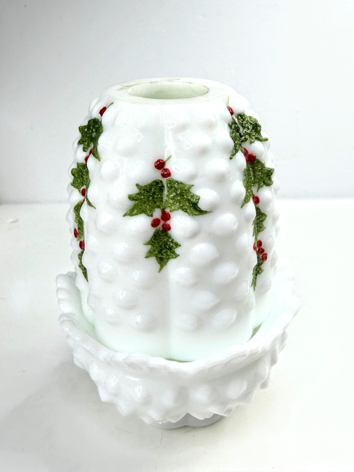 Vintage Fenton Milk Glass Hobnail Holly Berry Fairy Lamp Signed B. Cain A1062