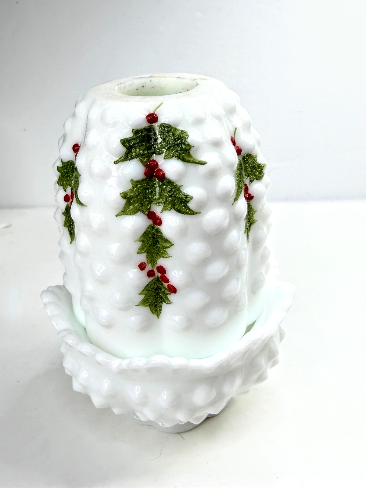 Vintage Fenton Milk Glass Hobnail Holly Berry Fairy Lamp Signed B. Cain A1062