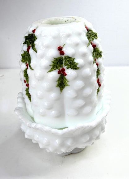 Vintage Fenton Milk Glass Hobnail Holly Berry Fairy Lamp Signed B. Cain A1062