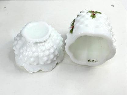 Vintage Fenton Milk Glass Hobnail Holly Berry Fairy Lamp Signed B. Cain A1062