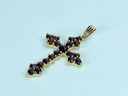14K yellow gold  Bohemian Red Garnet Gothic Cross Pendant 1  11/16" 2.7g JR875