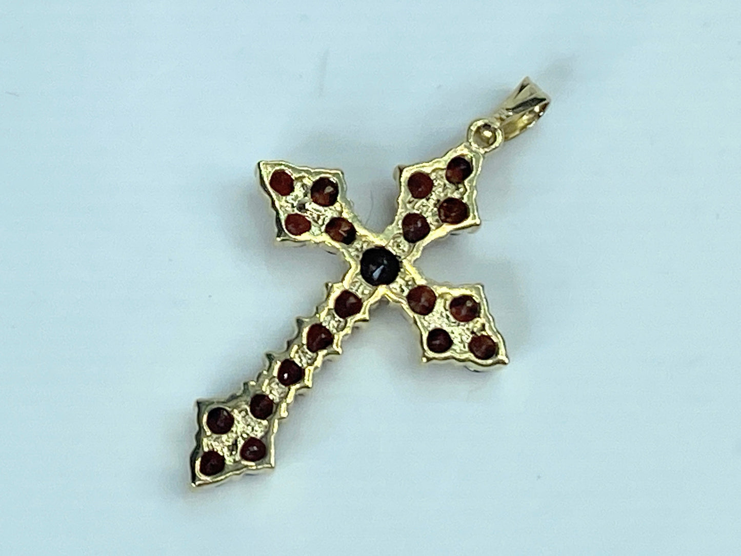 14K yellow gold  Bohemian Red Garnet Gothic Cross Pendant 1  11/16" 2.7g JR875