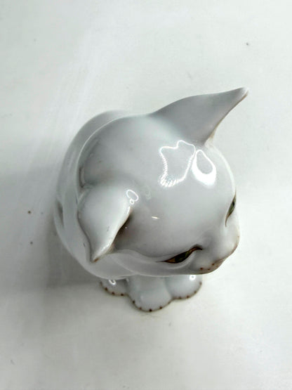 Vintage Herend Hungary White Cat Figurine Blue Bow Hand Painted Porcelain A1063