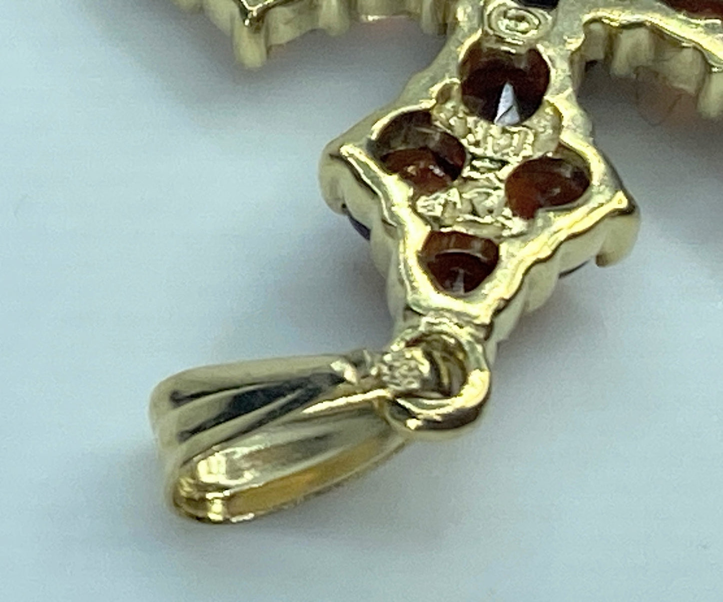 14K yellow gold  Bohemian Red Garnet Gothic Cross Pendant 1  11/16" 2.7g JR875