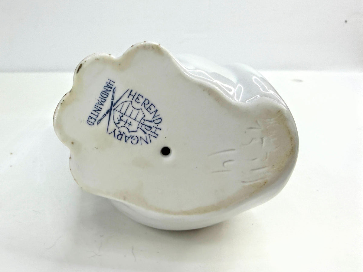Vintage Herend Hungary White Cat Figurine Blue Bow Hand Painted Porcelain A1063
