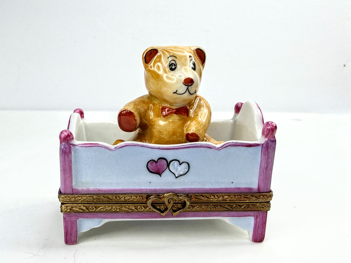 Vintage Parry Vielle Limoges France Teddy Bear Crib Hinged Trinket Box A1065