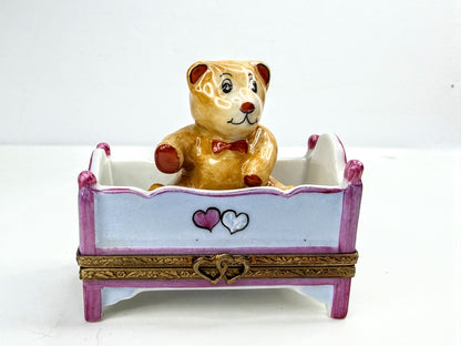 Vintage Parry Vielle Limoges France Teddy Bear Crib Hinged Trinket Box A1065