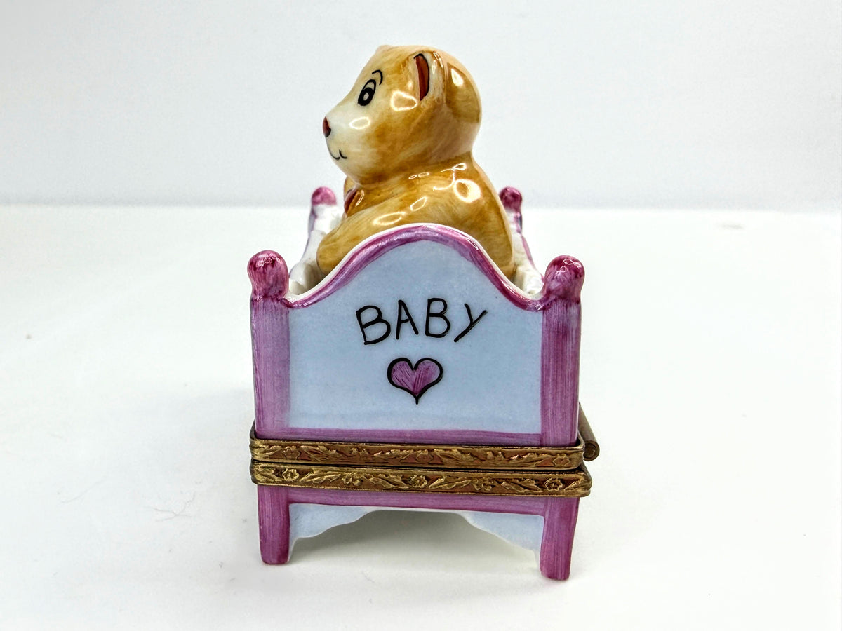 Vintage Parry Vielle Limoges France Teddy Bear Crib Hinged Trinket Box A1065