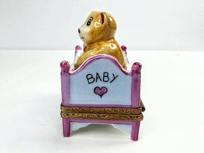 Vintage Parry Vielle Limoges France Teddy Bear Crib Hinged Trinket Box A1065