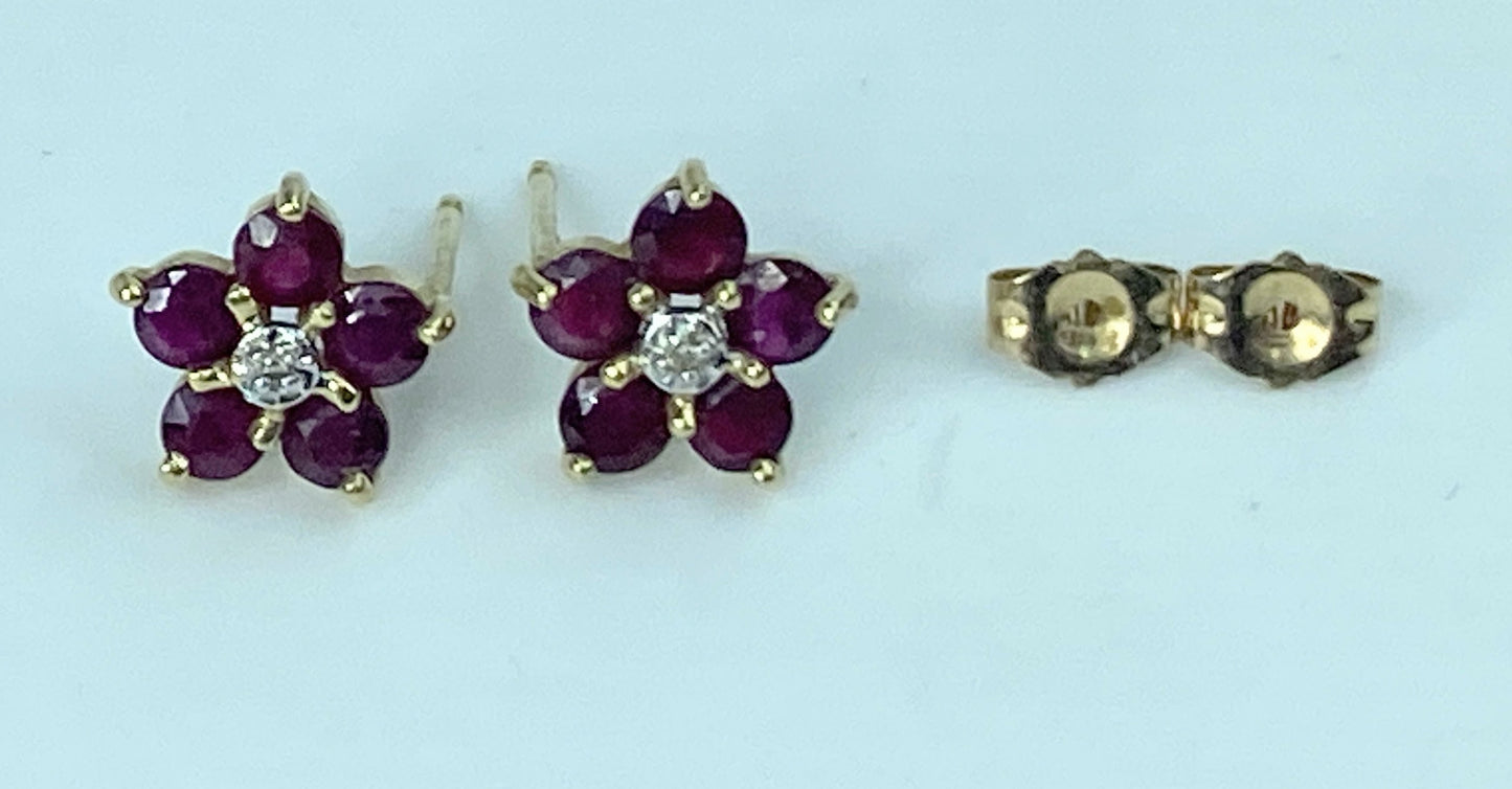 14K yellow gold 1.0ct natural Ruby Diamond Floral post earrings 10.0mm JR878