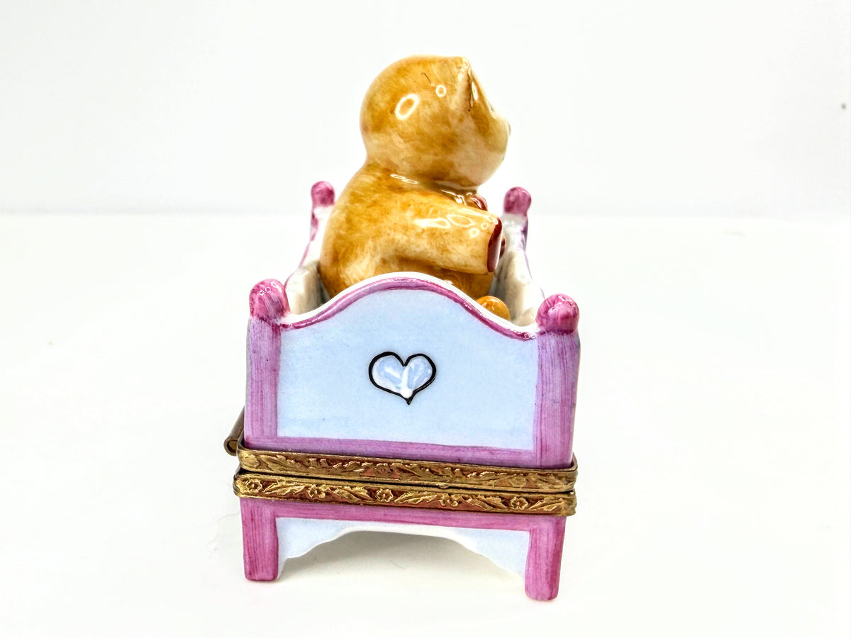 Vintage Parry Vielle Limoges France Teddy Bear Crib Hinged Trinket Box A1065