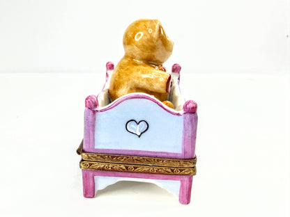 Vintage Parry Vielle Limoges France Teddy Bear Crib Hinged Trinket Box A1065