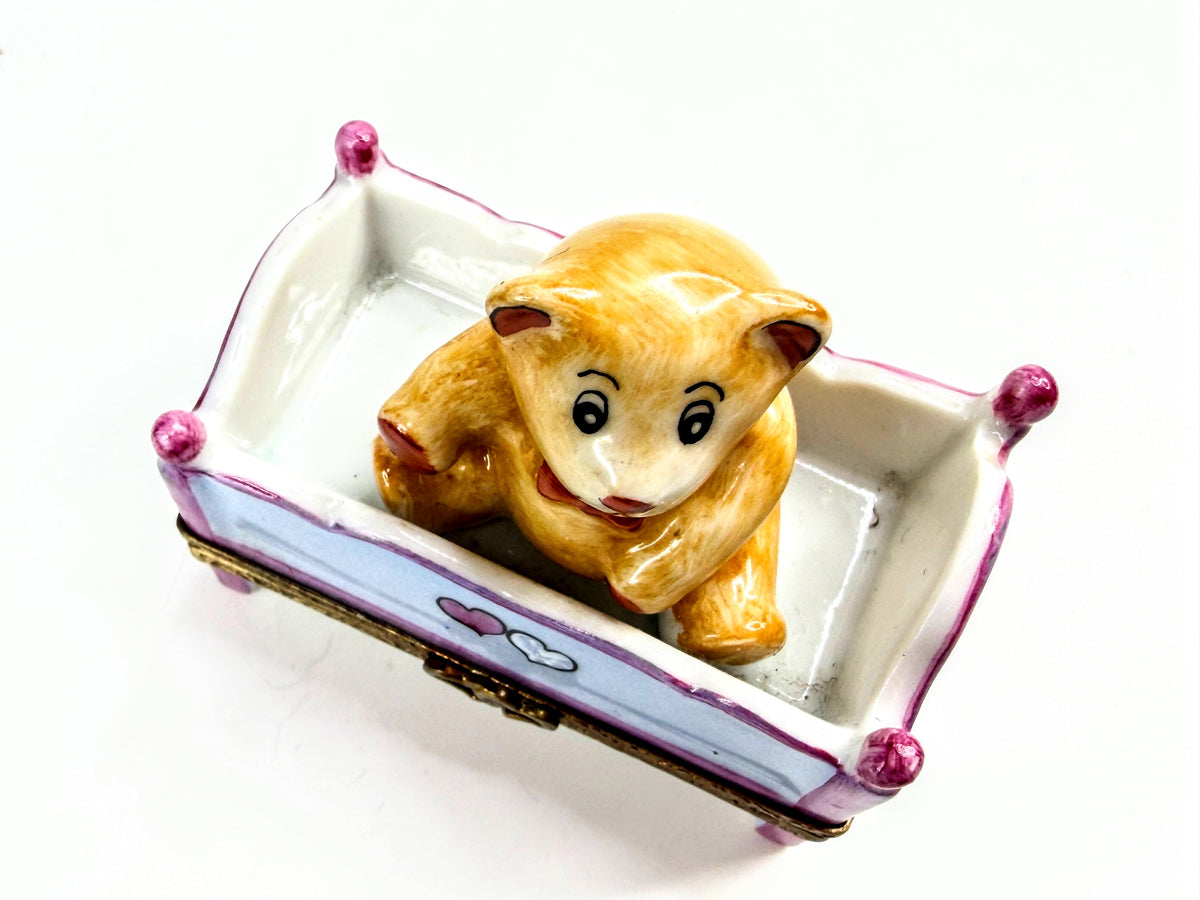 Vintage Parry Vielle Limoges France Teddy Bear Crib Hinged Trinket Box A1065