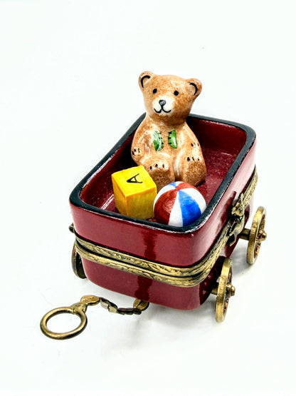 Gerard Ribierre Limoges Peint Main Teddy Bear Wagon Trinket Box A1066