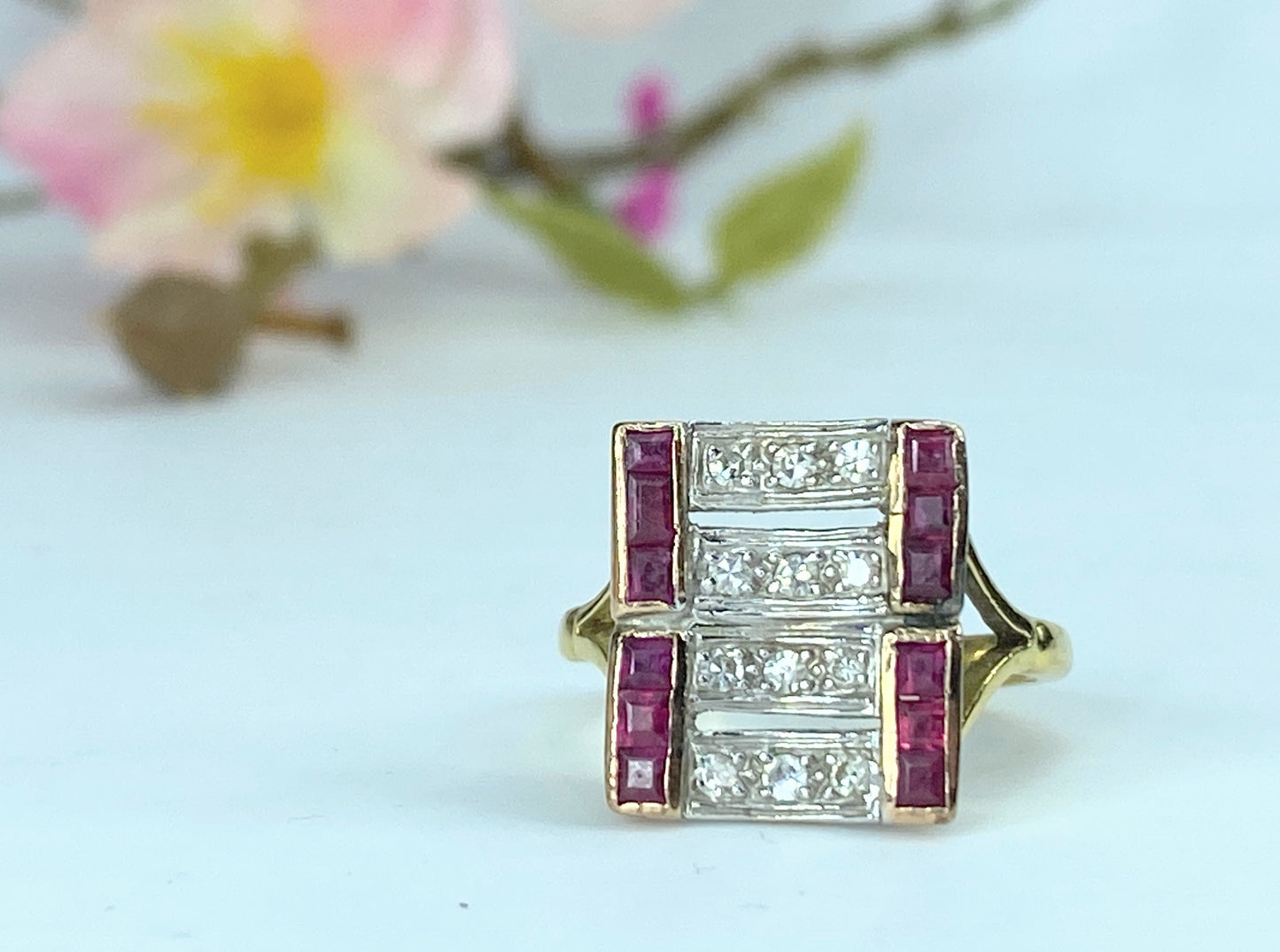 Art Deco 18K gold Diamond Ruby dress ring s6 4.4g JR9776