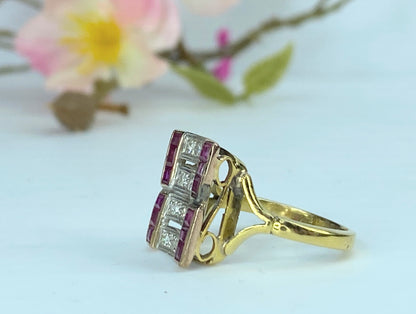 Art Deco 18K gold Diamond Ruby dress ring s6 4.4g JR9776