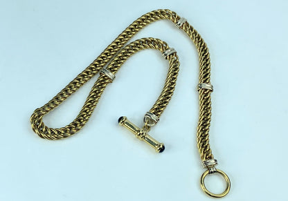 14K yellow gold curb link station bar toggle Onyx clasp necklace 32g 17" JR881