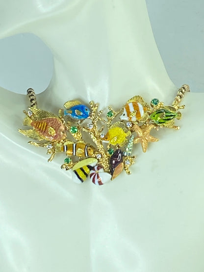 18K gold natural Emerald Diamond Enamel Colored Fish Necklace by Kabali JR884