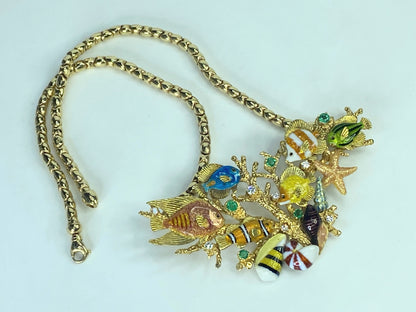 18K gold natural Emerald Diamond Enamel Colored Fish Necklace by Kabali JR884