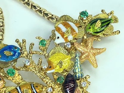 18K gold natural Emerald Diamond Enamel Colored Fish Necklace by Kabali JR884