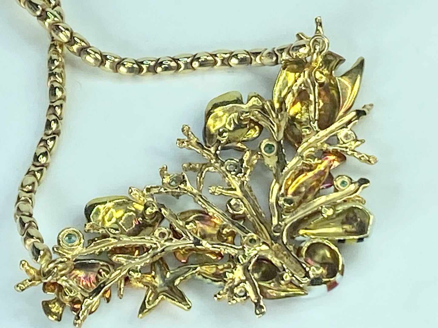 18K gold natural Emerald Diamond Enamel Colored Fish Necklace by Kabali JR884