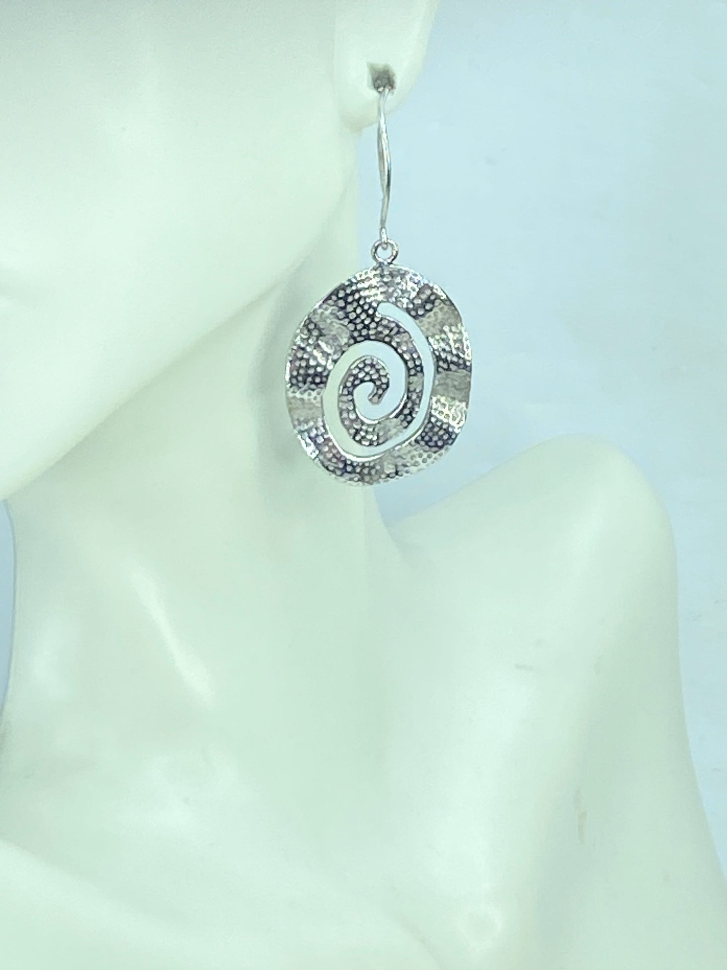 Unusual Sterling Silver Swirl Wavy dot surface dangle earrings 1 3/4" 5.9g JR886