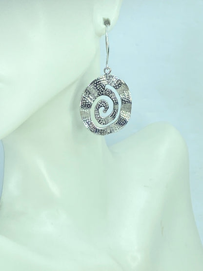 Unusual Sterling Silver Swirl Wavy dot surface dangle earrings 1 3/4" 5.9g JR886