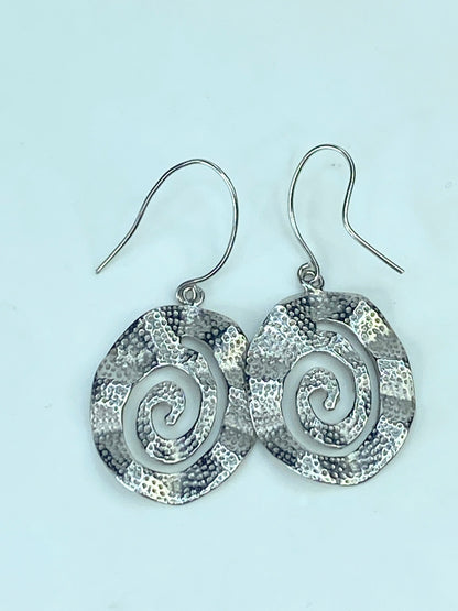 Unusual Sterling Silver Swirl Wavy dot surface dangle earrings 1 3/4" 5.9g JR886