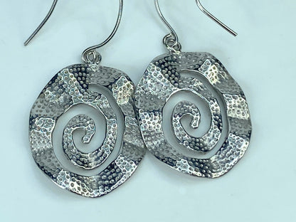 Unusual Sterling Silver Swirl Wavy dot surface dangle earrings 1 3/4" 5.9g JR886