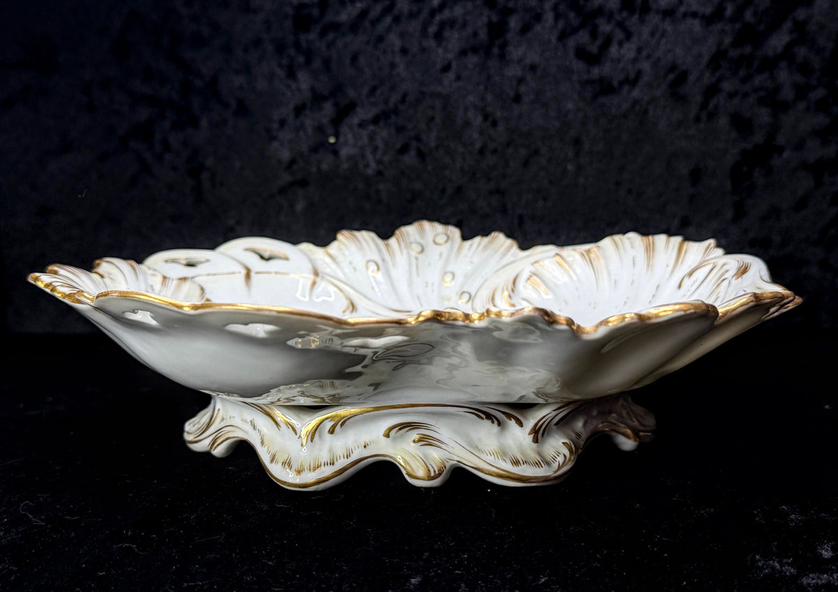 Vintage Dresden Germany Reticulated Porcelain Floral Footed Bowl Gold 8.75" A1272