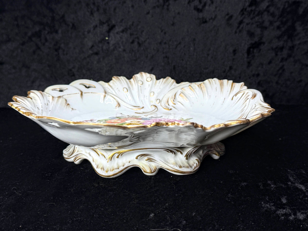 Vintage Dresden Germany Reticulated Porcelain Floral Footed Bowl Gold 8.75" A1272