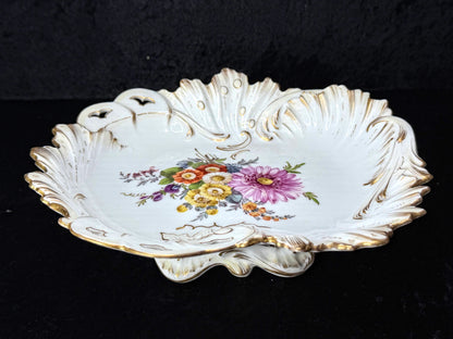 Vintage Dresden Germany Reticulated Porcelain Floral Footed Bowl Gold 8.75" A1272