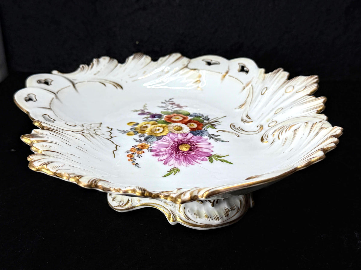 Vintage Dresden Germany Reticulated Porcelain Floral Footed Bowl Gold 8.75" A1272