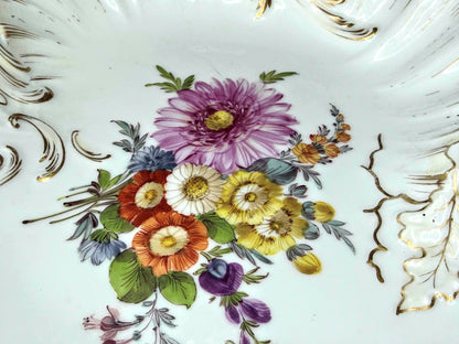 Vintage Dresden Germany Reticulated Porcelain Floral Footed Bowl Gold 8.75" A1272