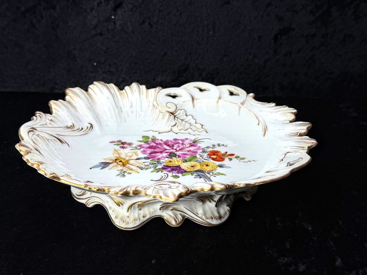 Ventage German Dresden Porcelain Floral Footed Bowl Crown D 8.5" A1273