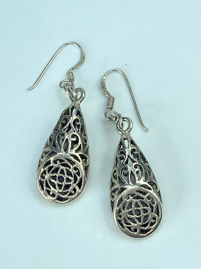 Sterling Floral celtic Filigree long teadrop hanging earrings 1 7/8" 7.3g JR890