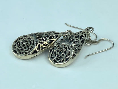 Sterling Floral celtic Filigree long teadrop hanging earrings 1 7/8" 7.3g JR890
