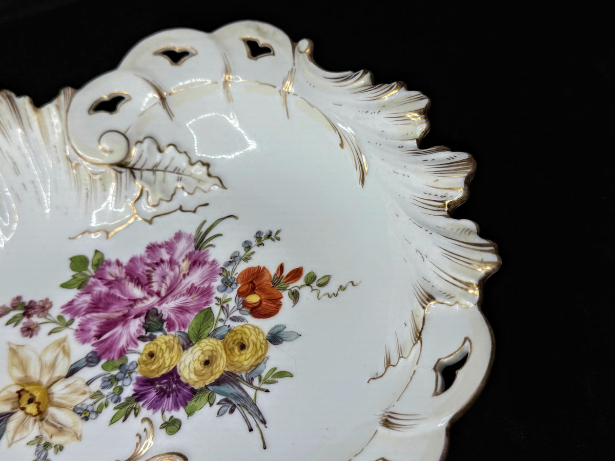 Ventage German Dresden Porcelain Floral Footed Bowl Crown D 8.5" A1273