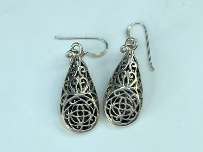 Sterling Floral celtic Filigree long teadrop hanging earrings 1 7/8" 7.3g JR890