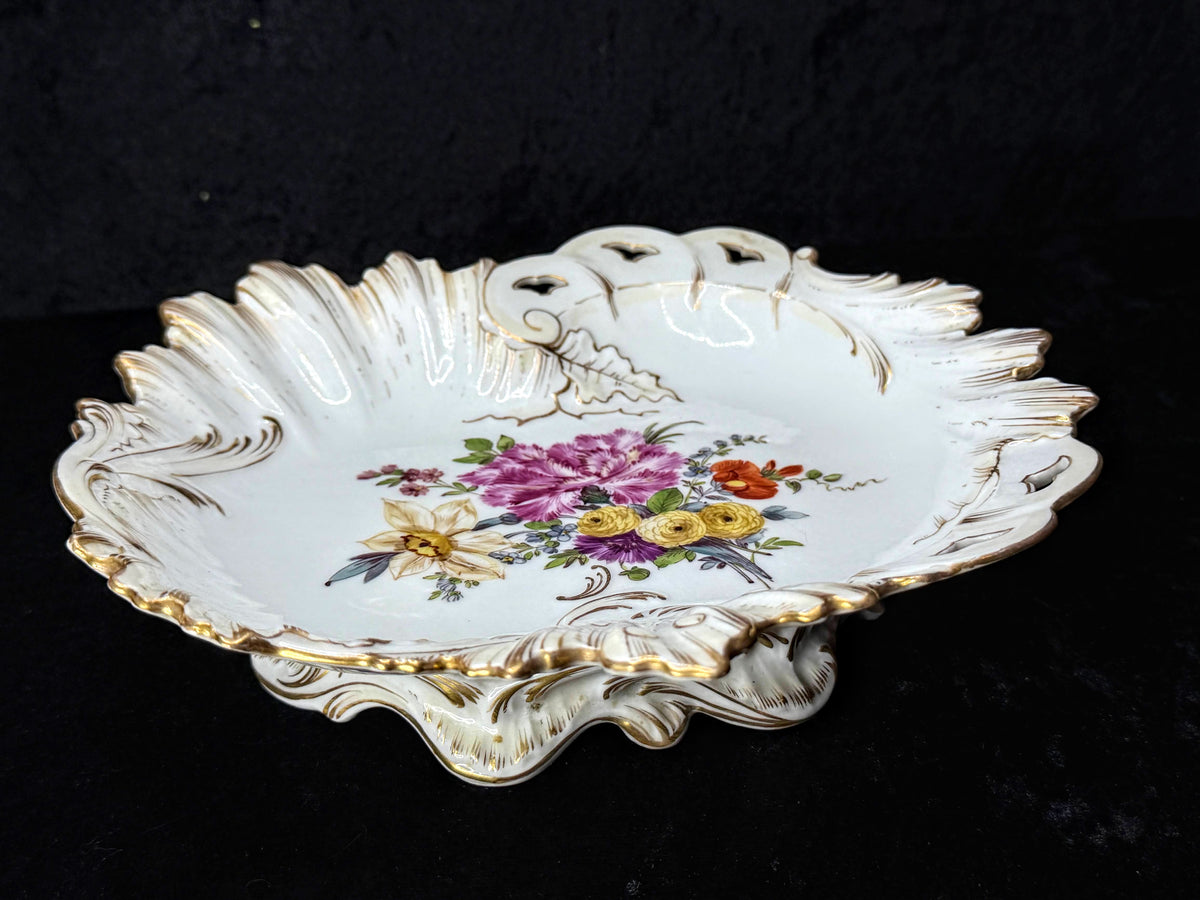 Ventage German Dresden Porcelain Floral Footed Bowl Crown D 8.5" A1273