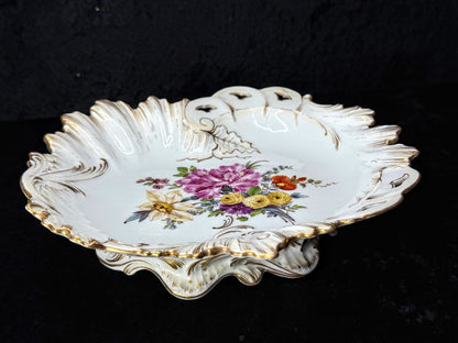 Ventage German Dresden Porcelain Floral Footed Bowl Crown D 8.5" A1273