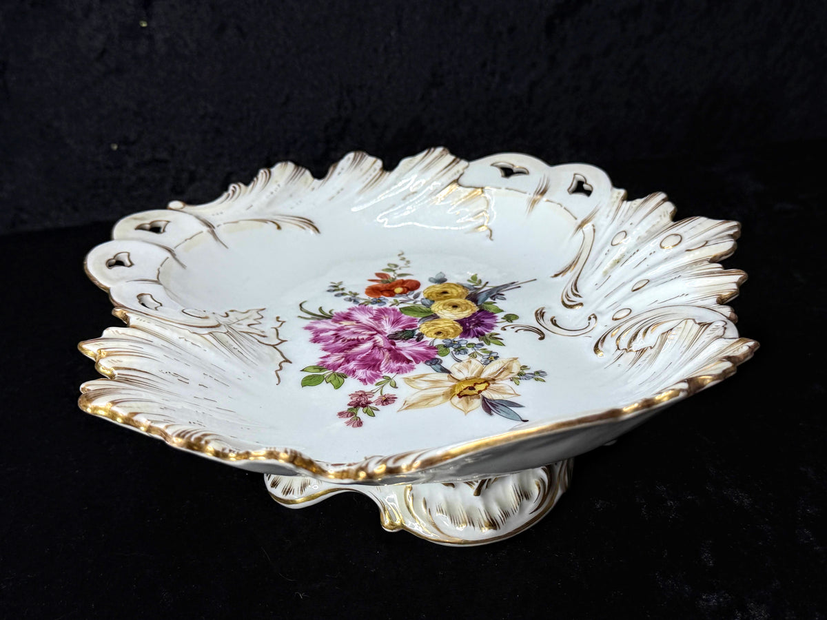 Ventage German Dresden Porcelain Floral Footed Bowl Crown D 8.5" A1273