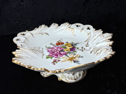 Ventage German Dresden Porcelain Floral Footed Bowl Crown D 8.5" A1273